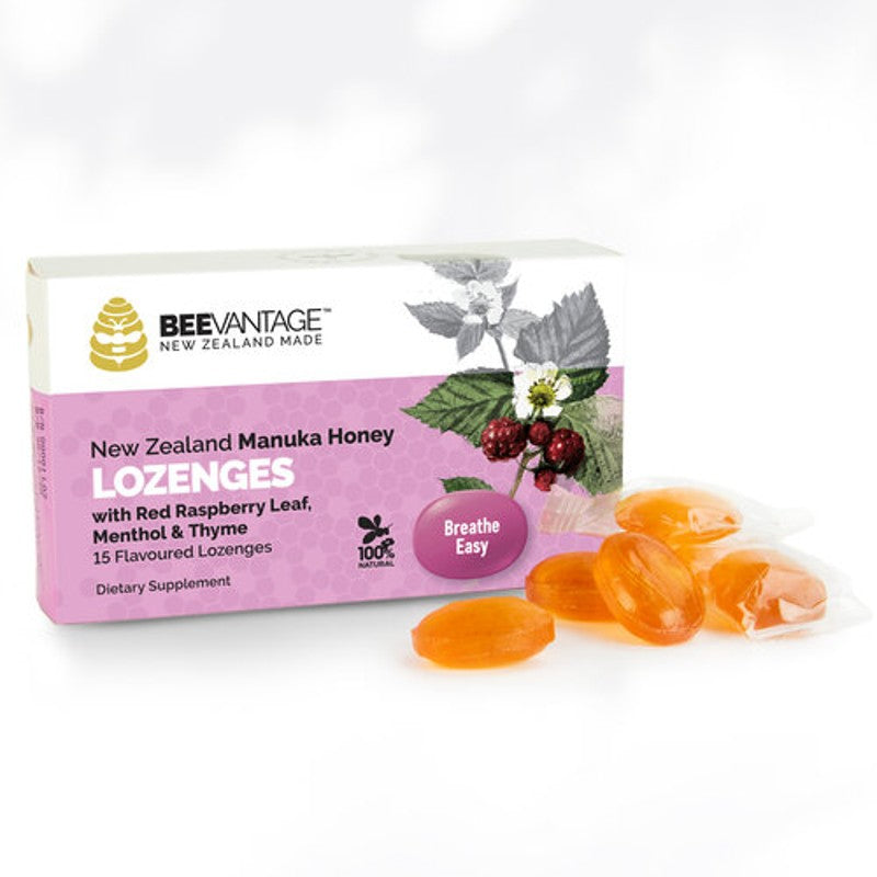 BeeVantage New Zealand Manuka Honey Lozenges with Red Raspberry Leaf, Menthol and Thyme 15 Pack