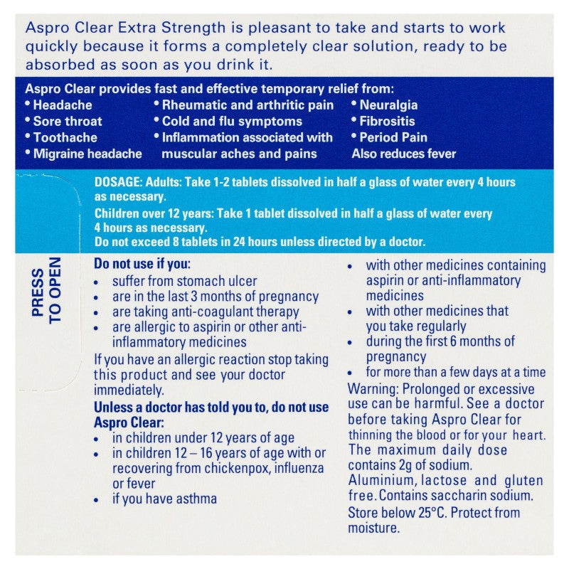 Aspro Clear Extra Strength Aspirin 16 Soluble Effervescent Tablets