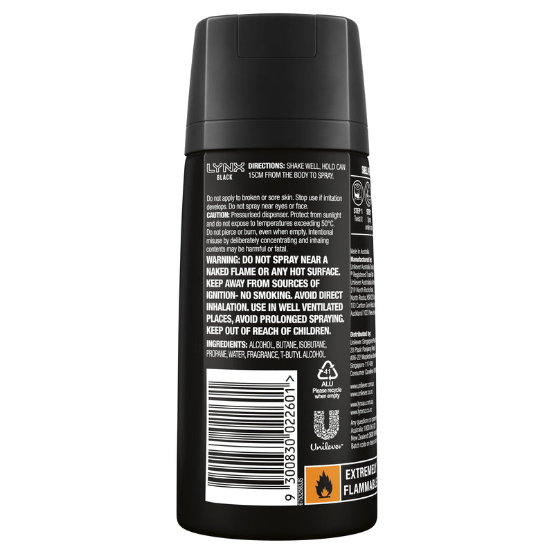 Lynx Men Body Spray Aerosol Deodorant Black 155ml NZ - Bargain Chemist