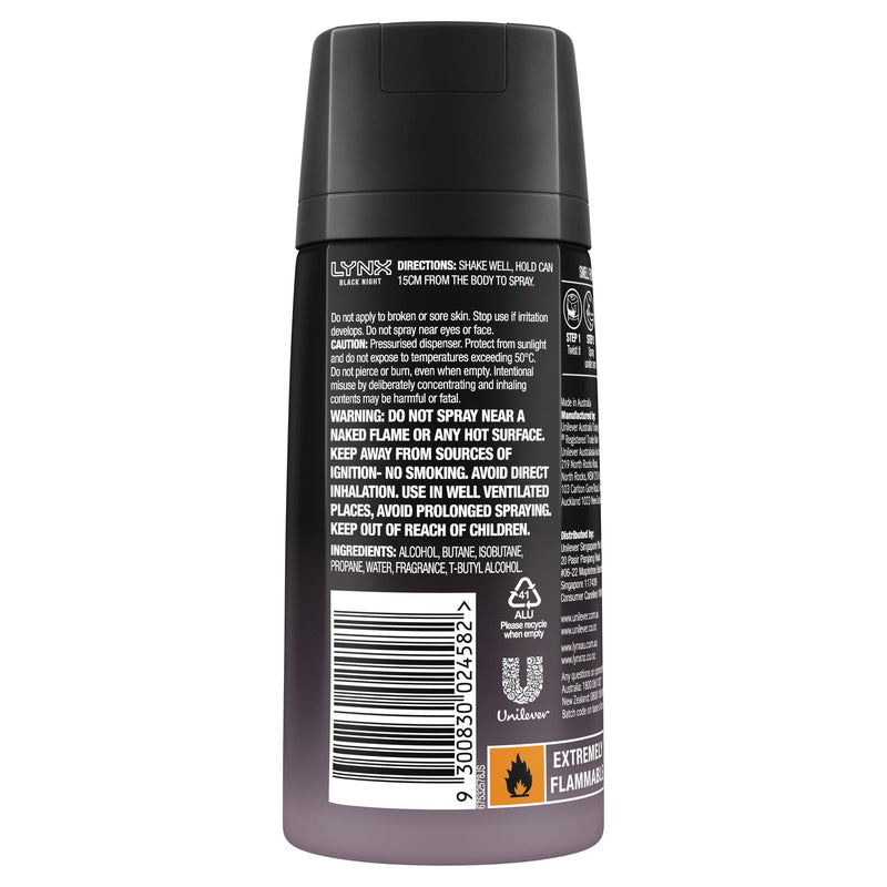 Lynx Men Body Spray Aerosol Deodorant Black Night 155ml NZ - Bargain Chemist