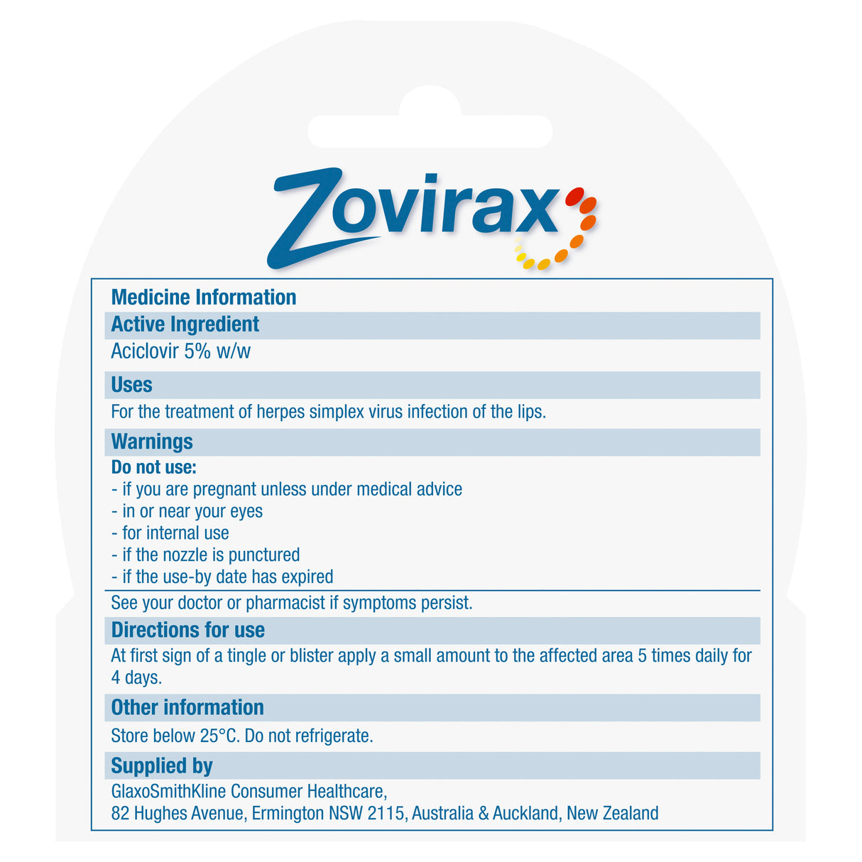 ZOVIRAX Cold Sore Cream Tube 2g
