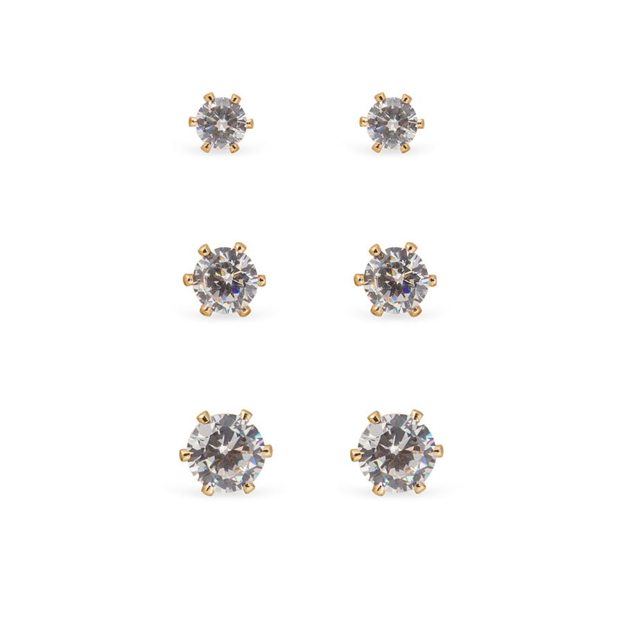 EarSense FA632 Gold Cubic Zirconia Trio studs 4 5 & 6mm